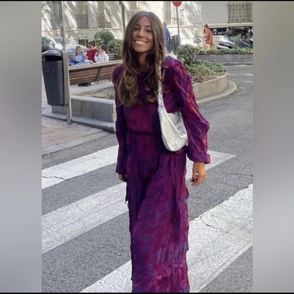 NWOT Zara Wrinkled Jacquard Purple Maroon Maxi Dress Small 4886/475